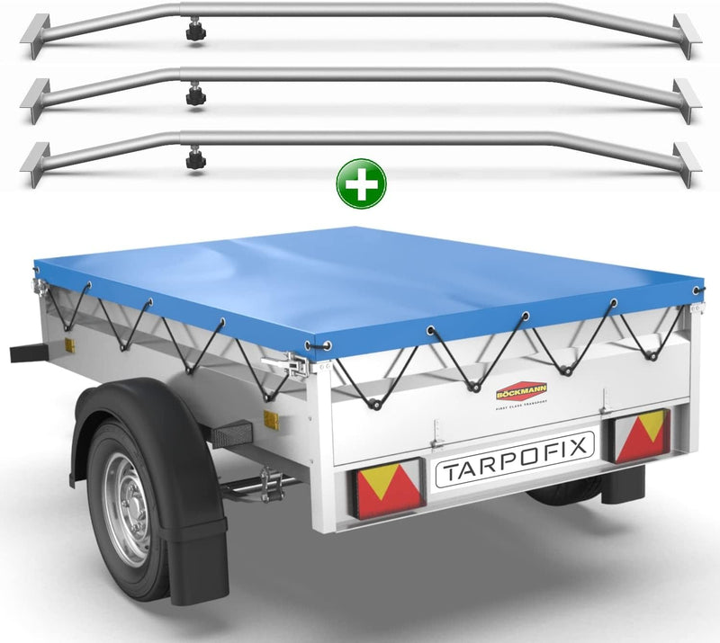 Tarpofix® Anhängerplane Flachplane 209 x 115 x 10 cm + 3x Planenbügel (verstellbar 100-145 cm) - ran