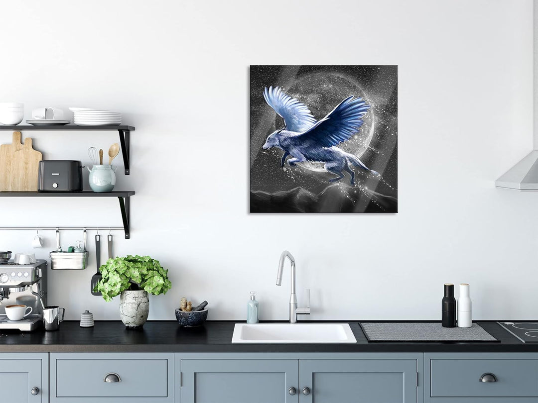 Pixxprint Glasbild | Wandbild auf Echtglas | Wolf mit Flügeln | 80x80 cm | inkl. Aufhängung und Abst