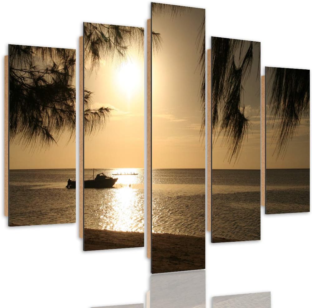 Feeby Wandbild Strand 200x100 cm Deco Panel 5 Teilig XXL Kunstdruck Meer Boot braun Deco Panel XXL 2