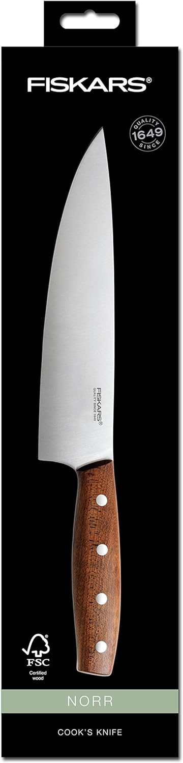 Fiskars Kochmesser, Gesamtlänge: 32 cm, Qualitätststahl/Holz, Braun, Norr, 1016478 Klingenlänge: 20