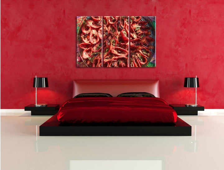 Pixxprint Tomaten Olivenöl Kräuter als Leinwandbild/Grösse: 3 Teilig (120x80) cm/Wandbild/Kunstdruck