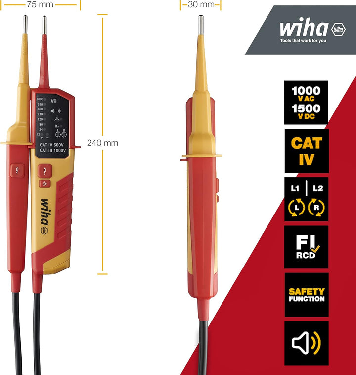 Wiha Spannungs- und Durchgangsprüfer 12 - 1.000 V AC, CAT IV inkl. 2x AAA-Batterien I mit LED-Anzeig