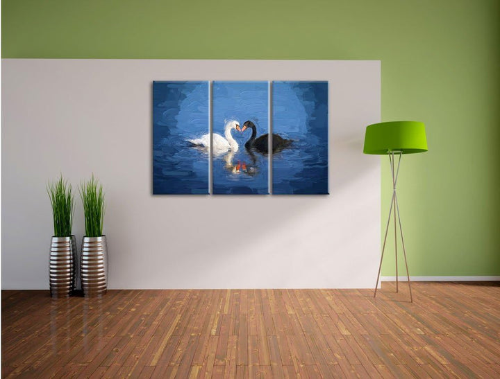 Pixxprint verliebte Schwäne schmusen Kunst / 3-Teilig/Gesamtmass 120cm Leinwandbild bespannt auf Hol