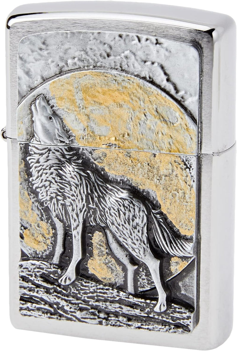 Zippo Feuerzeug 2003038 Wolf at Moonlight Emblem Benzinfeuerzeug, Messing, Wolf at Moonlight