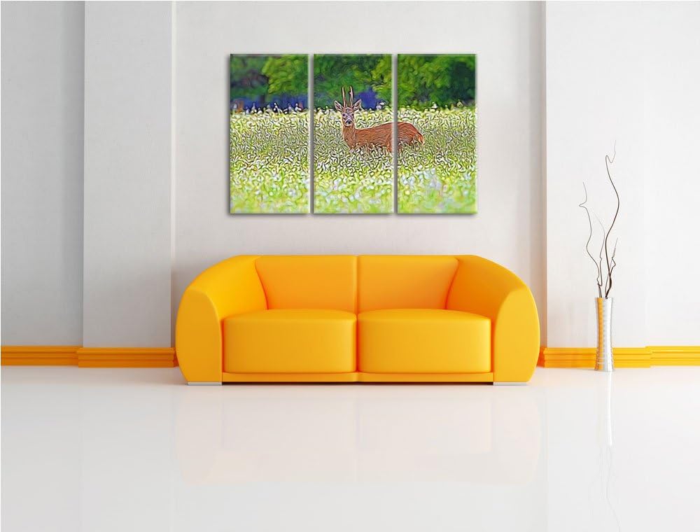 junger Hirsch auf Wildwiese NewArt 3-Teiler Leinwandbild 120x80 Bild auf Leinwand, XXL riesige Bilde