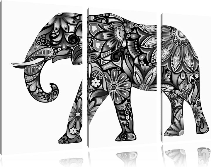 Pixxprint Elefant mit Ornamenten als Leinwandbild | Grösse: 3 Teilig (120x80) | Wandbild| Kunstdruck