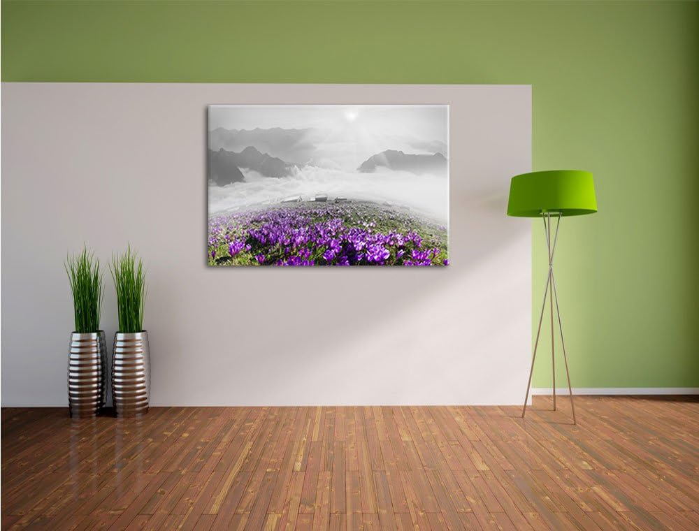Pixxprint Blühende lilane Krokusse mit Aussicht auf die Berge B&W Detail, Format: 100x70 auf Leinwan