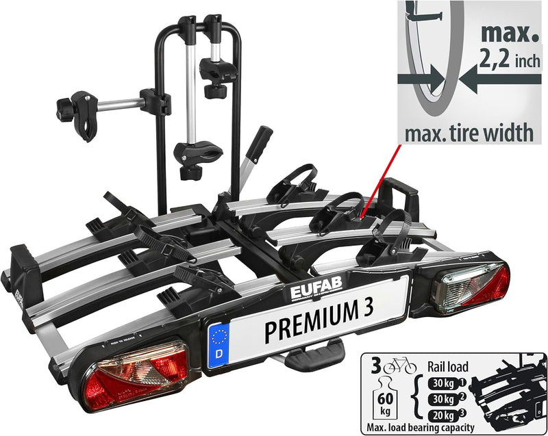 Eufab 11522 Heckträger "Premium III" für Anhängekupplung klappbar 3 Fahrräder, für E-Bikes geeignet