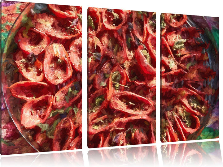 Pixxprint Tomaten Olivenöl Kräuter als Leinwandbild/Grösse: 3 Teilig (120x80) cm/Wandbild/Kunstdruck