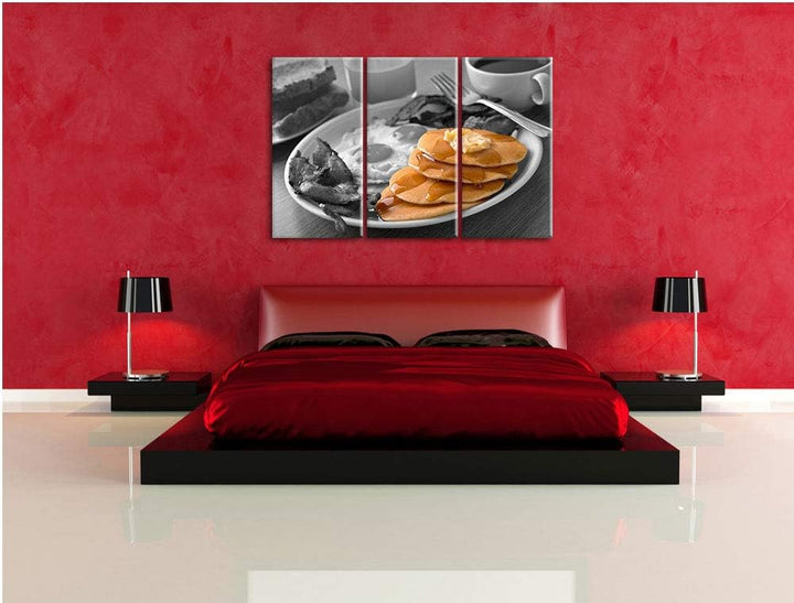 Leckere Pancakes zum Frühstück schwarz/weiss 3-Teiler Leinwandbild 120x80 Bild auf Leinwand, XXL rie
