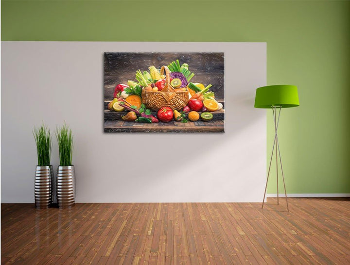 Pixxprint Frisches Obst und Gemüse im Korb Kunst Buntstift Effekt, Format: 100x70 auf Leinwand, 100x