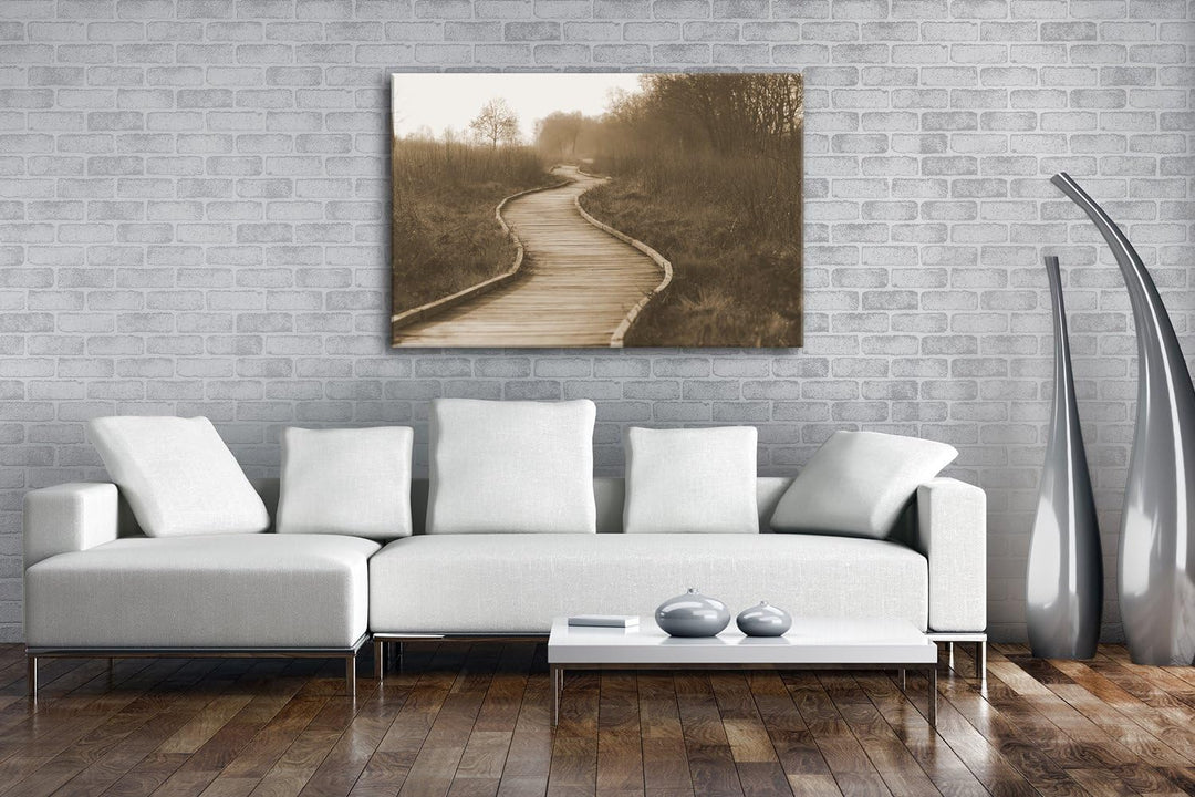 deyoli hölzerner Waldweg Format: 80x60 Effekt: Sepia als Leinwand, Motiv fertig gerahmt auf Echtholz