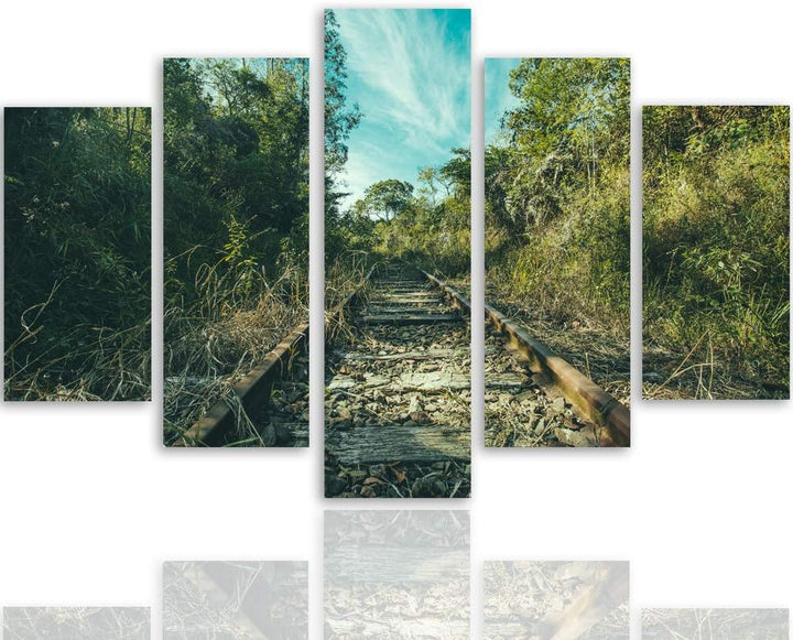 Feeby Leinwandbild Landschaft 5 TLG Bild Kunstdruck Gleise Bäume Himmel bunt 100x70 cm Leinwandbild