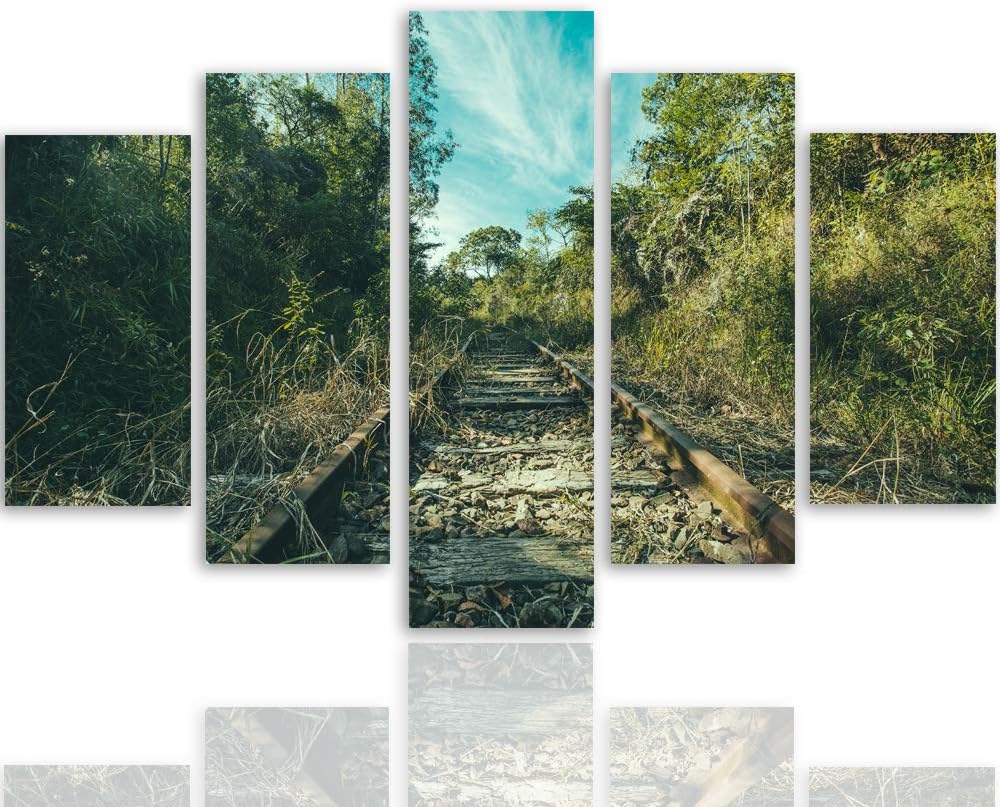 Feeby Leinwandbild 5 Teilig Landschaft Bild Wanddeko Gleise Bäume Himmel bunt 200x100 cm Leinwandbil