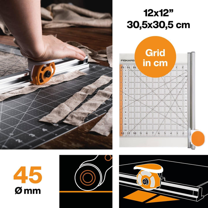 Fiskars Rollmesser Ø 45 mm mit Lineal, 12” x 12”, Orange/Weiss, 1016264 Rollmesser mit Lineal 12” x