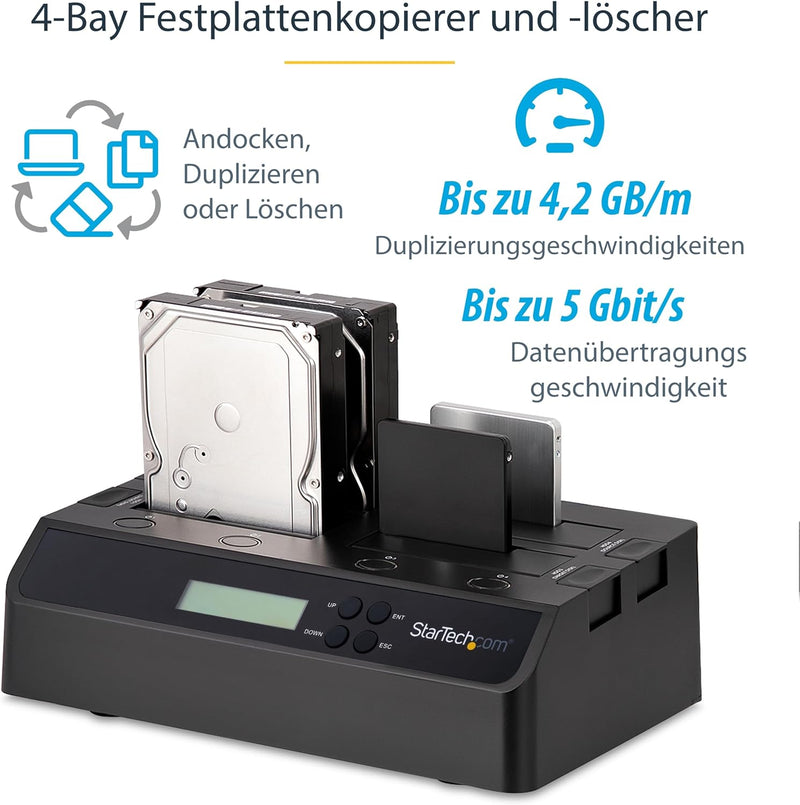 StarTech.com 4-Bay Festplatten Klonstation und Löscher, Selbständiger 1:3 SATA HDD/SSD Kloner/Kopier