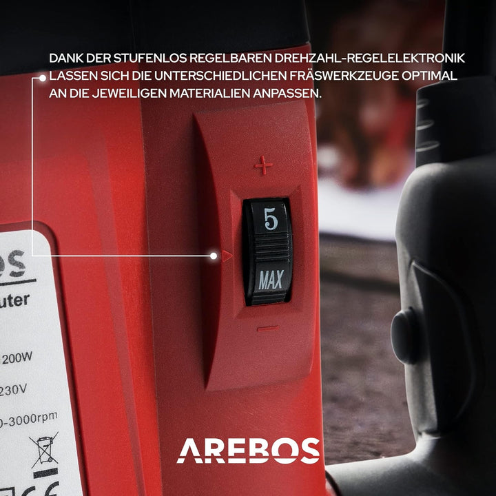 Arebos Oberfräse mit Koffer (1200 W, Ø 6 und 8 mm, Drehzahlregelung, Parallelanschlag, Reduzierstück