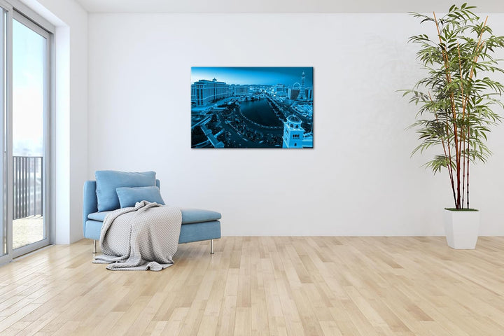 deyoli Las Vegas Skyline Format: 100x70 cm Effekt: Monocrome Blau als Leinwandbild, Motiv fertig ger