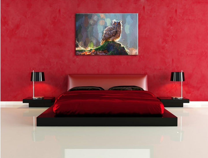 Pixxprint Eule auf dem Baumstamm als Leinwandbild/Grösse: 100x70 / Wandbild/Kunstdruck/fertig bespan