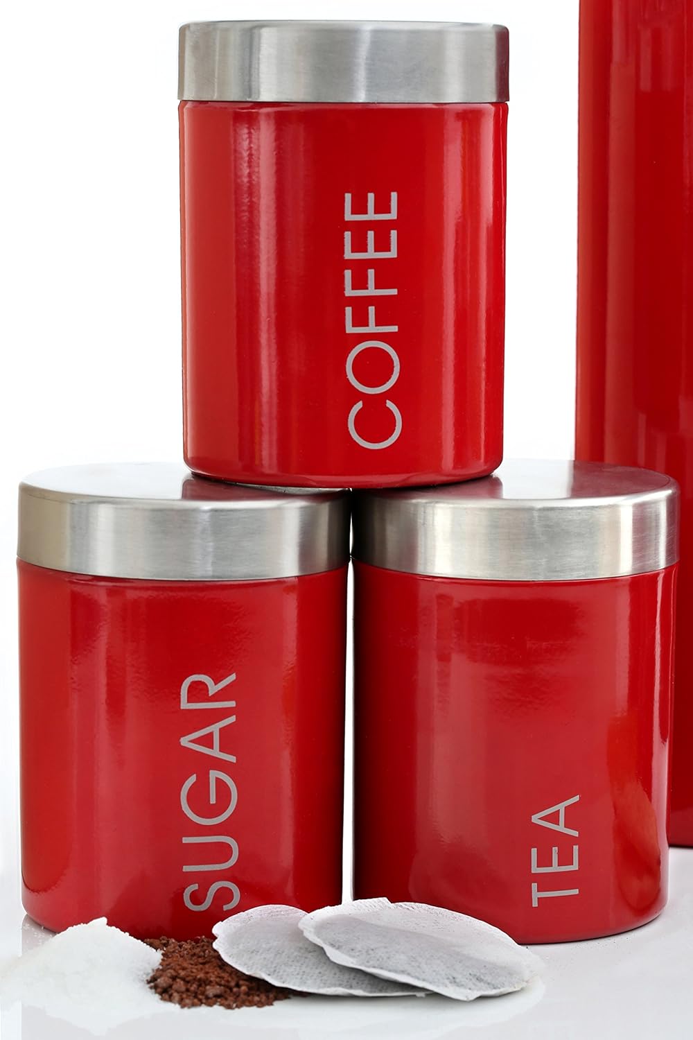 Premier Housewares Tea, Coffee and Sugar Set, Red Enamel, Satin Rostfreier Stahl Lids Liberty Behält
