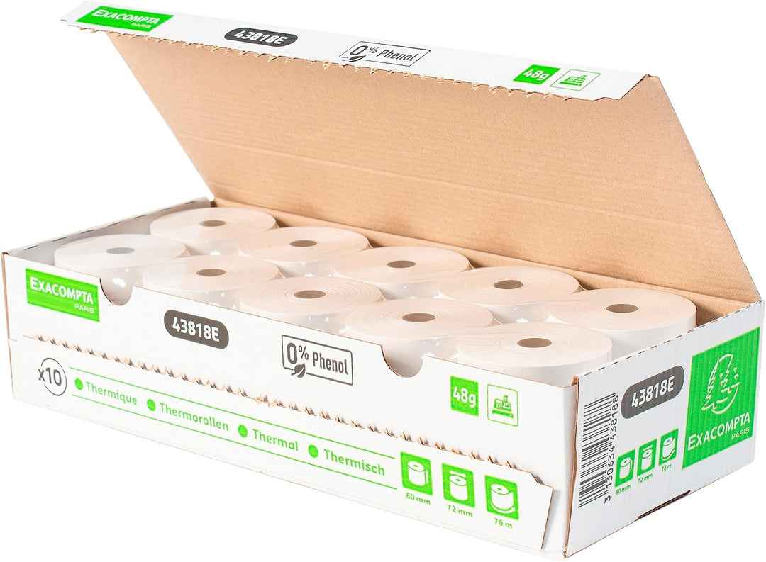 Exacompta 43818E 30er Pack Thermopapierrollen 1-lagig Breite: 80mm, Länge: 76m, Durchmesser Kern: 12