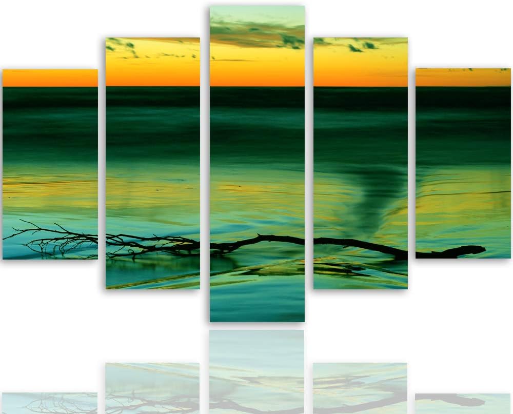 Feeby Bilder See 300x140 cm - Leinwandbild 5 Teilig XXL Kunstdruck Himmel Ast grün Leinwandbild XXL