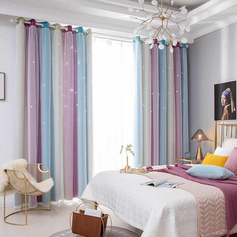 Freyamy Gardinen Lila Blau Weiss Glänzend Sterne Vorhänge Blickdicht Kinderzimmer Halbtransparent H