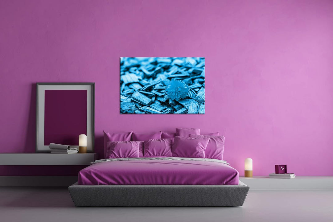 deyoli gelbe Blume auf Holz Format 80x60 Effekt: Monocrome Blau als Leinwandbild, Motiv fertig gerah