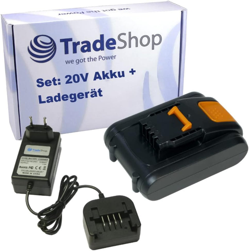 Trade-Shop Ladegerät Netzteil + Li-Ion Akku 20V 5000mAh kompatibel mit Landroid M WR142E M WR143E M