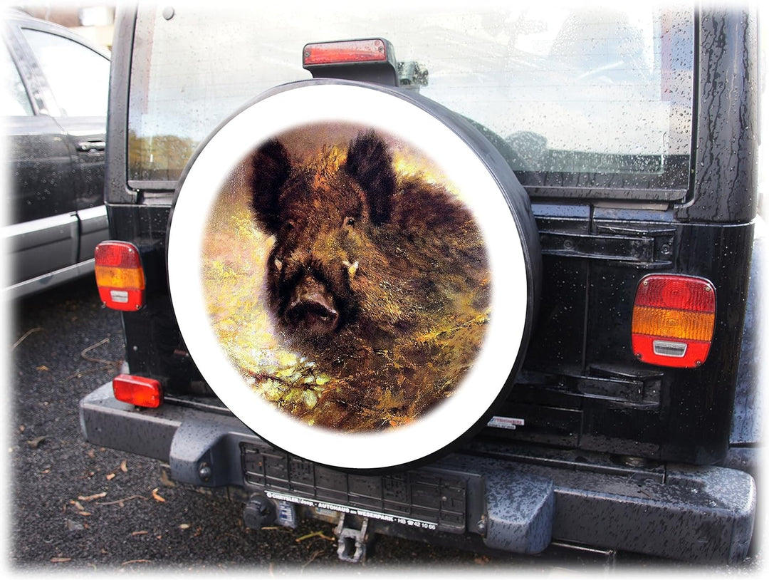 AB3-00183 2 Wildschwein Keiler Reserveradabdeckung 79x30 cm aus Planenmaterial und Kunstleder Reserv
