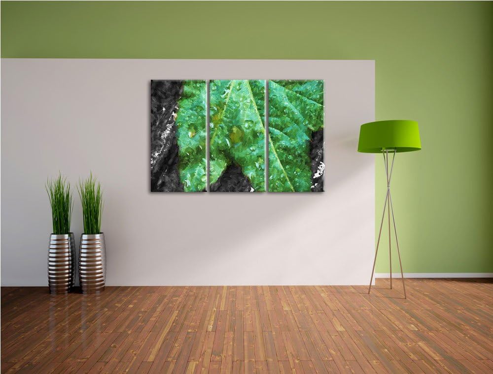 viele kleine Regentropfen auf Blatt schwarz/weiss Deluxe 3-Teiler Leinwandbild 120x80 Bild auf Leinw