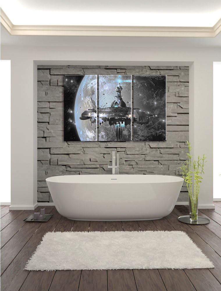 Pixxprint Raumschiff vor der Erde als Leinwandbild/Grösse: 3 Teilig (120x80 cm) cm/Wandbild/Kunstdru