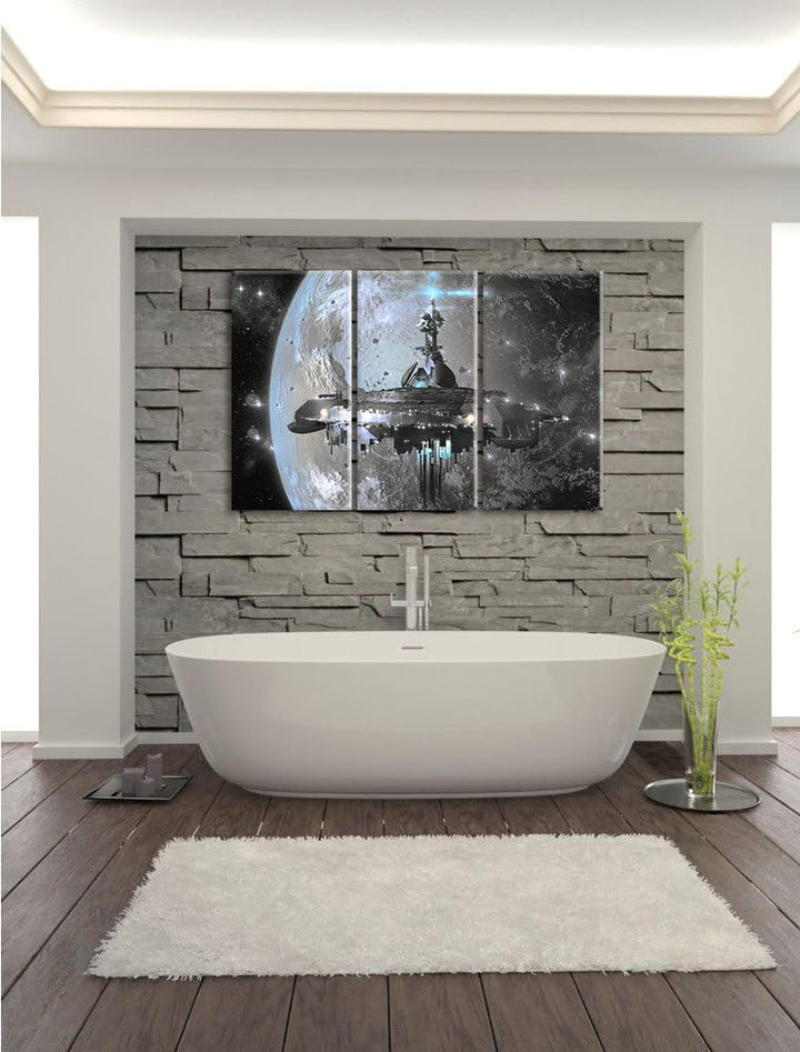 Pixxprint Raumschiff vor der Erde als Leinwandbild/Grösse: 3 Teilig (120x80 cm) cm/Wandbild/Kunstdru