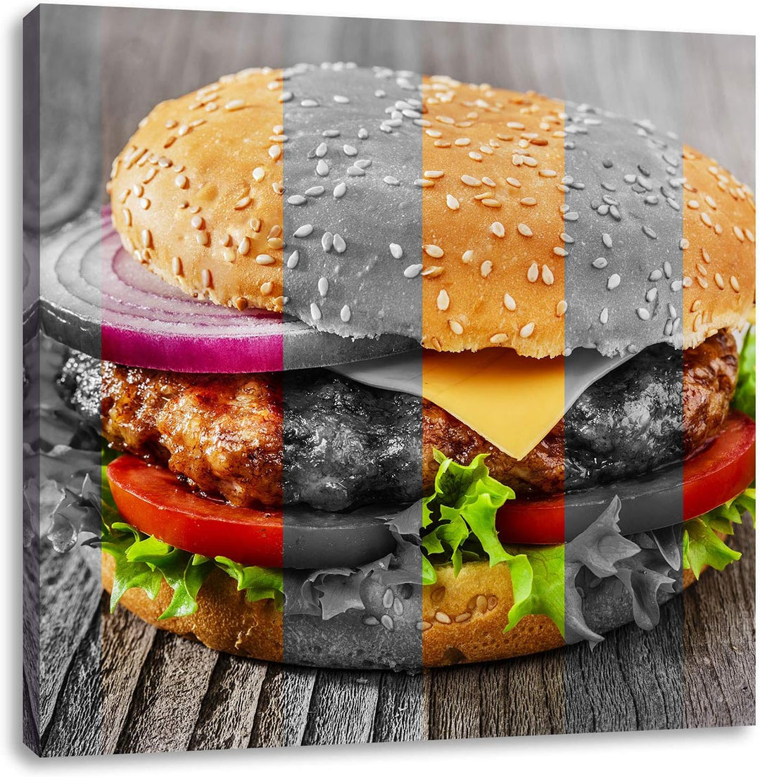Pixxprint Saftiger Cheeseburger als Leinwandbild/Grösse: 70x70 cm/Wandbild/Kunstdruck/fertig bespann
