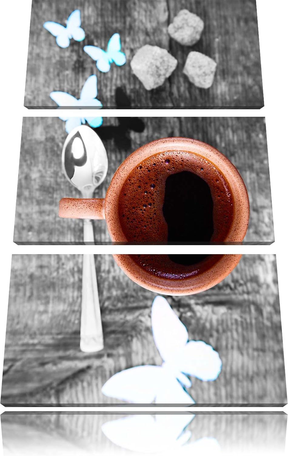 Pixxprint schmackhafter Kaffee mit Schmetterlingsdeko schwarz/weiss 3-Teiler Leinwandbild 120x80 Bil