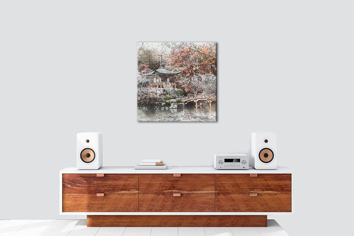 traditionell japanischer Garten Format: 70x70 als Leinwandbild, Motiv fertig gerahmt auf Echtholzrah