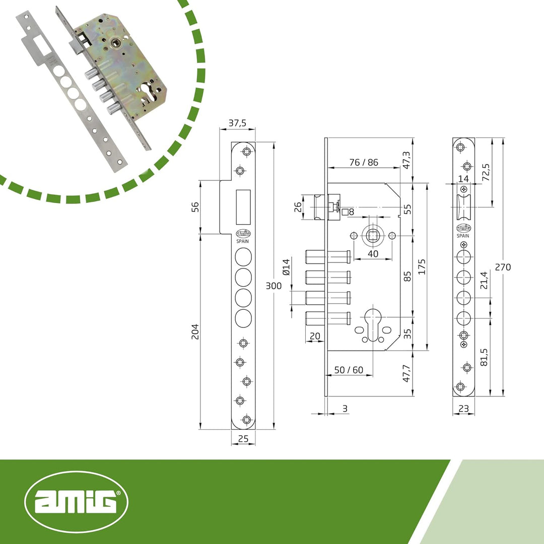 Amig - Einsteckschloss mit Kugeln für Holztüren Mod. 100 BASE | 50/85 mm | ohne Zylinder und Sicherh