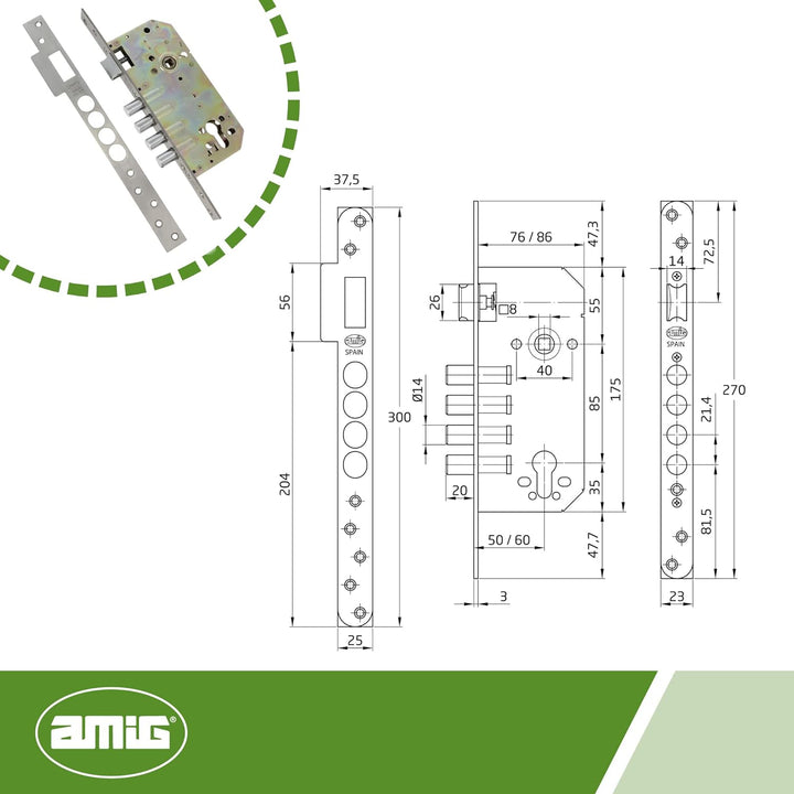 Amig - Einsteckschloss mit Kugeln für Holztüren Mod. 100 BASE | 50/85 mm | ohne Zylinder und Sicherh
