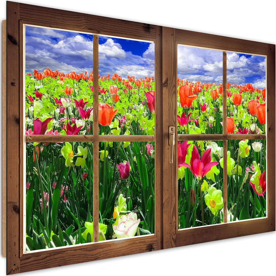 Wanddeko Fenster 3D Illusion Kunst Modern Art Bilder Blumen mehrfarbig 90x60 cm Deko paneel 90x60 cm