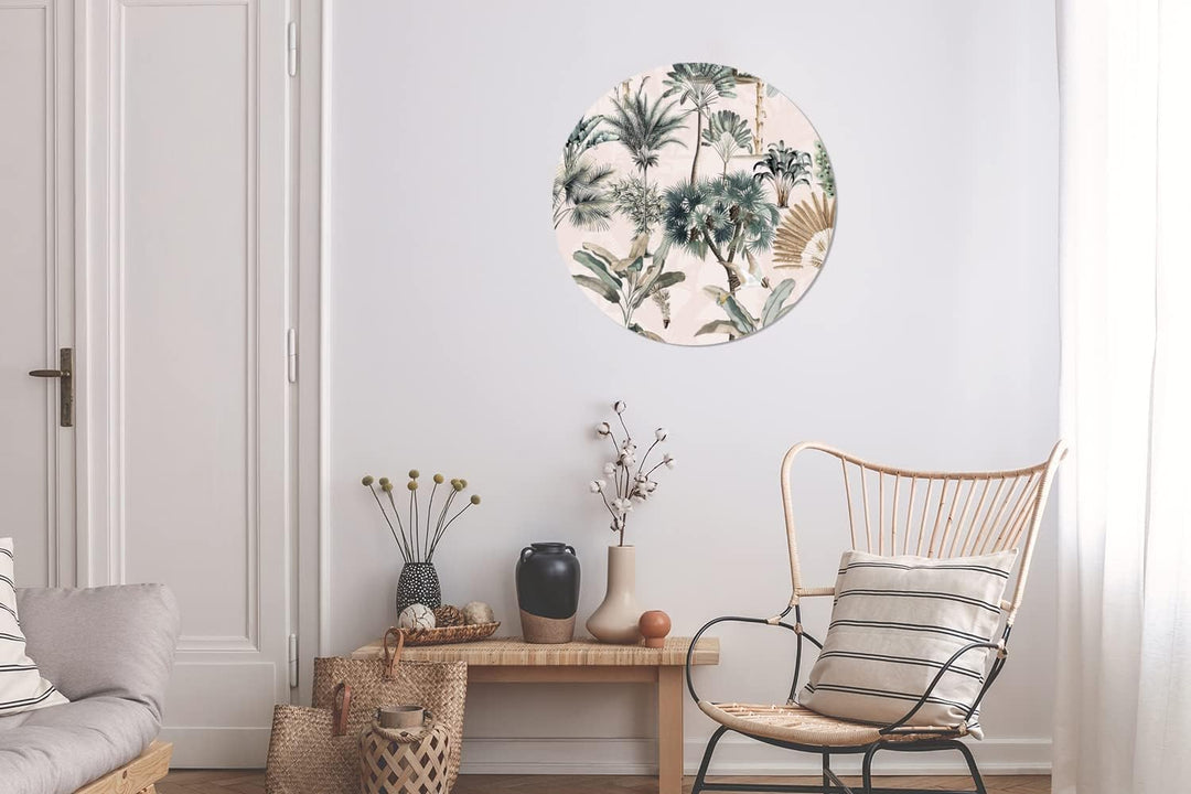 MuchoWow Wandbild Rund Wanddeko Deko Wohnzimmer Bilder 60x60 cm Blätter - Monstera - Dschungel - Tro