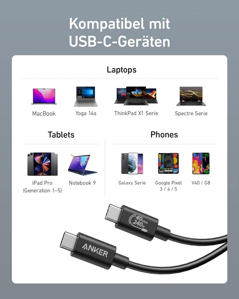 Anker USB 4 Kabel 100cm, Unterstützt 8K HD Display, 40 Gbit/s Datentransfer, 240W USB-C auf USB-C La