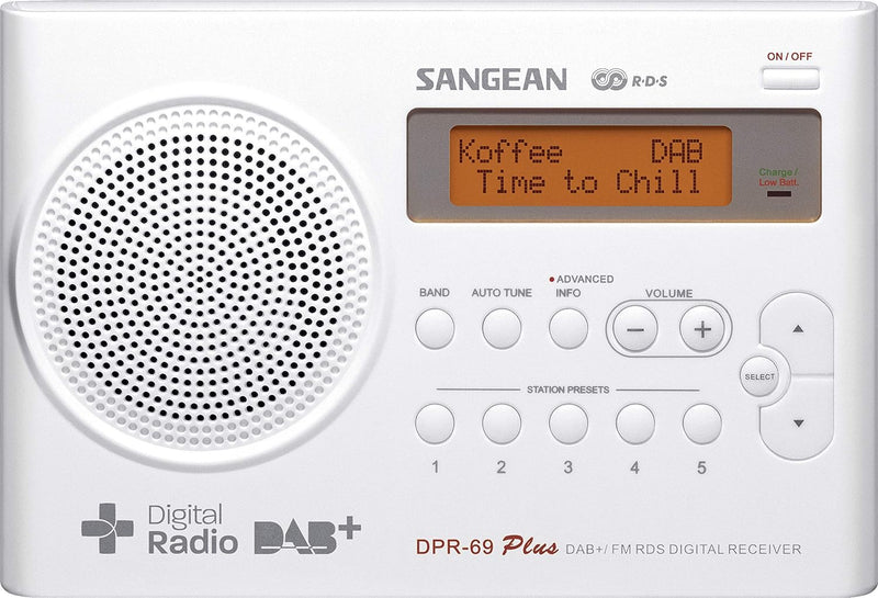 Sangean DPR-69+ tragbares DAB+ Digitalradio (UKW-Tuner, Batterie-/Netzbetrieb) weiss, Weiss