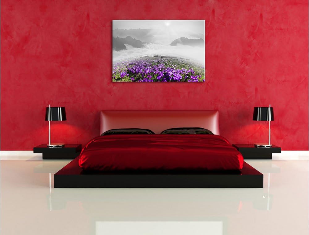 Pixxprint Blühende lilane Krokusse mit Aussicht auf die Berge B&W Detail, Format: 100x70 auf Leinwan