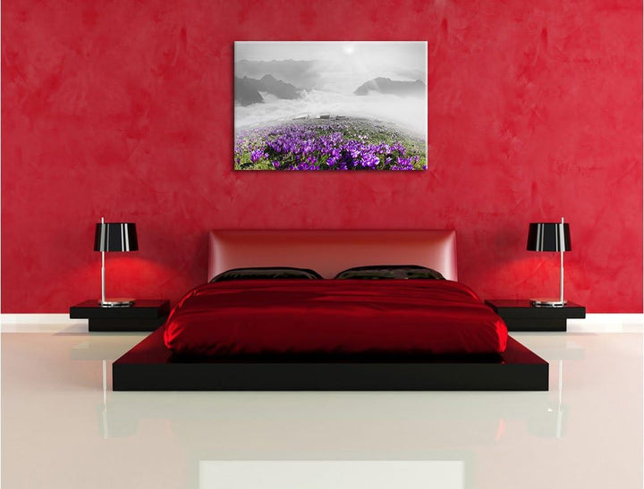 Pixxprint Blühende lilane Krokusse mit Aussicht auf die Berge B&W Detail, Format: 100x70 auf Leinwan