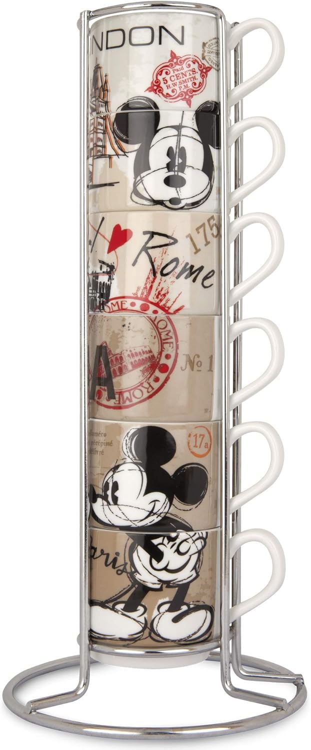 Egan, Porzellan, Set 6 Kaffeetassen Stapelbar Mickey Mouse In The City mit Mettallgestell, mehrfarbi