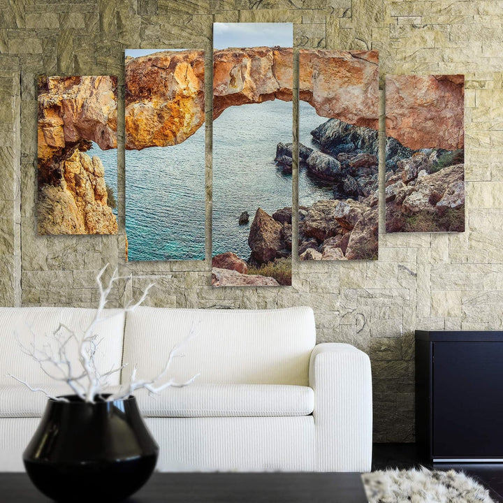 Bilder Modern Natur 5 Teilig Design Art Fels See Himmel Landschaft orange 100x70 cm Deco panel 100x7