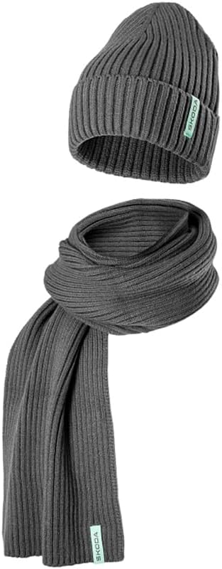 Skoda 000084303N8XP Winter-Set Mütze Schal Strickmütze Strickschal, grau