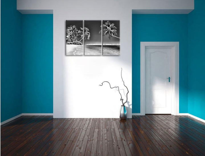 Pixxprint Monocrome, Palmen über dem Meer 3-Teiler Leinwandbild 120x80 Bild auf Leinwand