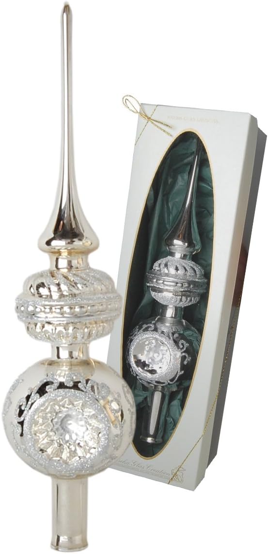 Christbaumspitze glänzend Silber mit Dekor, 29 cm in hochwertiger Geschenkbox Doppel Reflex Christba