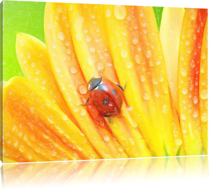Pixxprint Marienkäfer auf gelber Blume Kunst Buntstift Effekt, Format: 100x70 auf Leinwand, XXL ries